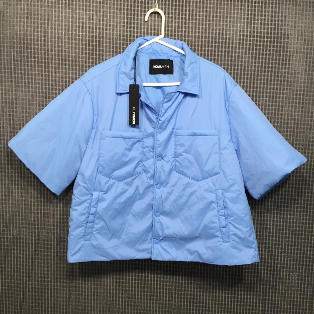 Fashion Nova Men Aston Nylon Puffer Cropped Short Sleeve Shirt XL Light Blue
